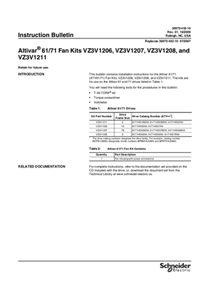 Altivar 61 and 71 Fan Kits VZ3V1206, VZ3V1207, VZ3V1208, and VZ3V1211 Installation Instructions