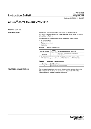 Altivar 61 and 71 Fan Kit VZ3V1215 Installation Instructions