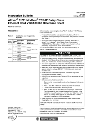 Altivar 61 and 71 Modbus TCP/IP Daisy Chain Ethernet Card VW3A3310d Reference Sheet