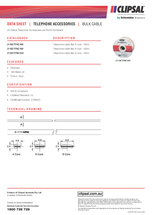 Technical Datasheet for 3110CTF Series Flat Telephone Cable 100m rolls