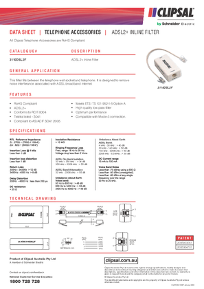 Technical Datasheet for 3110DSL2F ADSL2+ Inline Filter