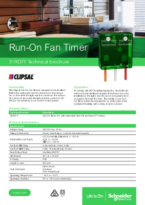 Clipsal, 31ROFT Run-on Timer, technical brochure