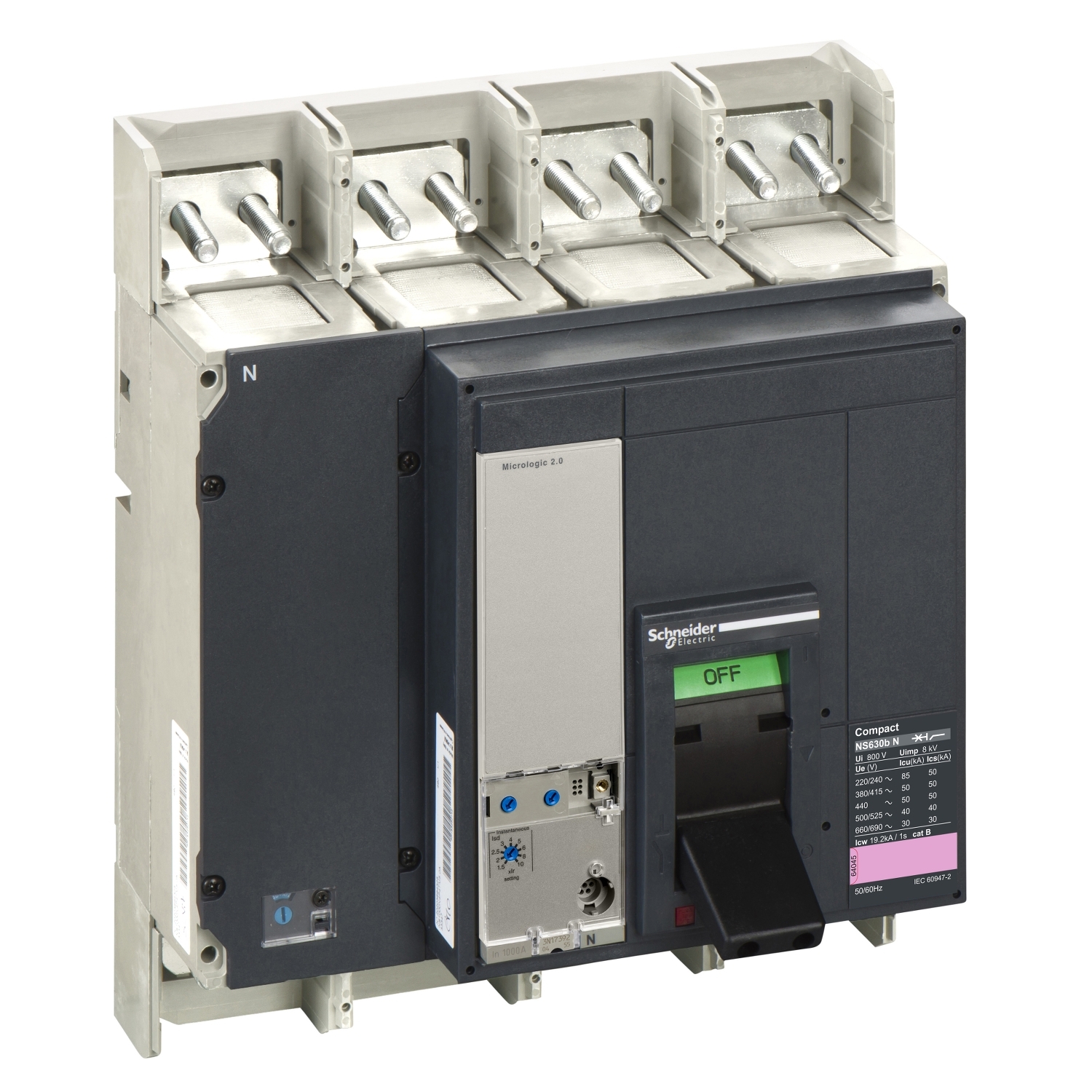 Kompakt megszakító energialeosztás 4P4D fix 630A 252-630A-hő 50kA 690V NS630bN Mic2.0 Schneider