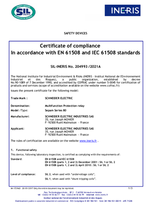 Certificat of compliance in accordance with IEC 61508 (V9.03)
