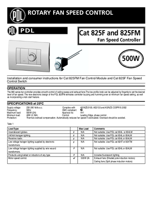 Modena 800 Series and Strato 800 Series installation and instructions for 825FM fan control module and 825F fan speed control switch
