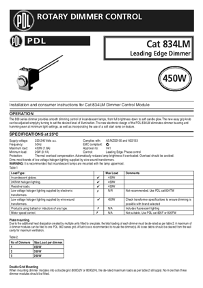 Modena 800 Series and Strato 800 Series installation and instructions for 834LM dimmer control module and 834L dimmer control switch