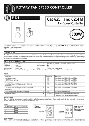 600 Series installation and operating instructions for 625FM fan speed control module and 625F fan speed control switch