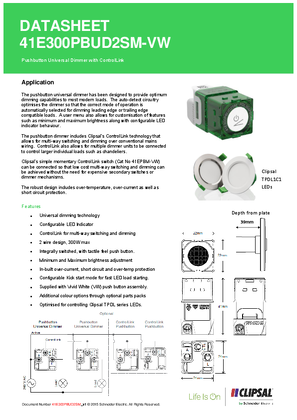 Technical Data Sheet for 41E300PBUD2SM-VW ICONICUniversal Push Button Dimmer with ControlLink