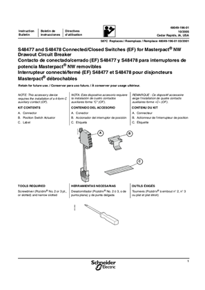 Interrupteur connecté/fermé (EF) S48477 et S48478 pour disjoncteurs MasterPacT débrochables directives d'utilisation