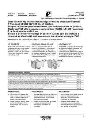 Open Position Key Interlock for MasterPacT NT and Electrically-operated P-frame and NS630b-NS1600 Circuit Breakers - Installation Instructions