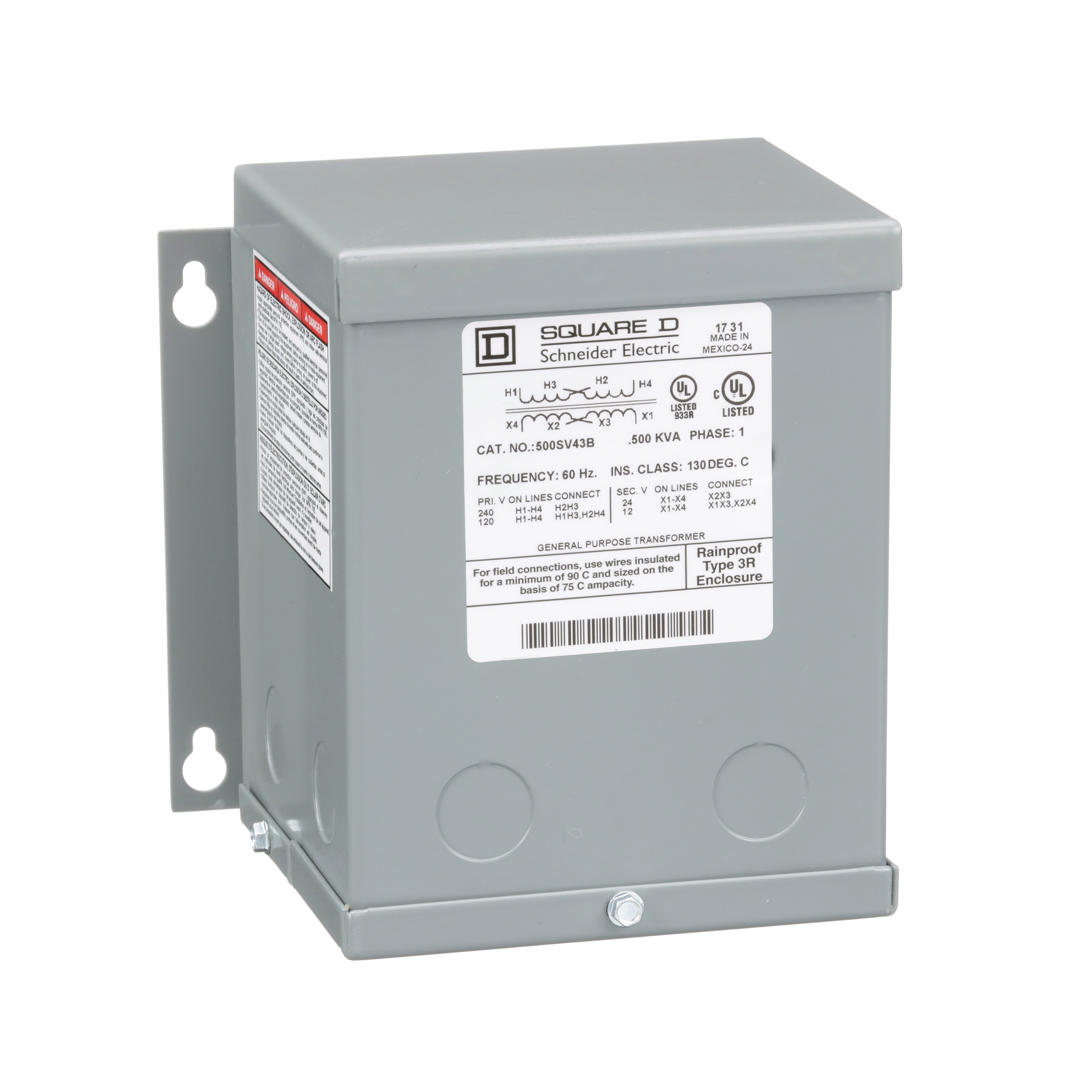 Transformer, buck boost, encapsulated, 0.5kVA, 1 phase, 120x240V primary, 12/24V secondary, NEMA 3R, 80C rise