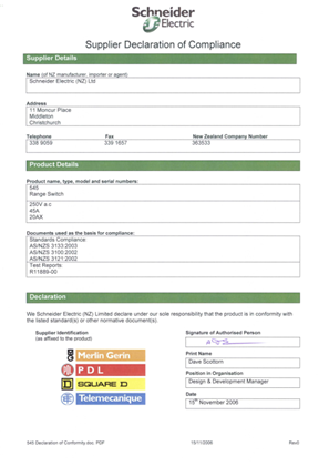 500 Series, 545, Declaration of Conformity