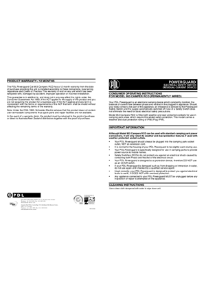 Powerguard Series installation and operating instructions for  Camper weather protected portable RCD (residual current devices) - 953 cordset