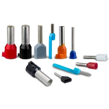 Markable cable ends, insulated cable ends in dispenser pack, uninsulated cable ends and tools