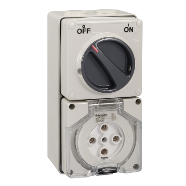 Grey Switched Socket Outlet 500v 32a 5 Round Pin Ip66 3 Pole Surface Mount