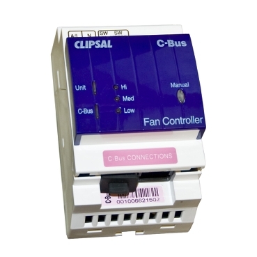 The C-Bus DIN Fan Controller unit is a DIN rail mounted C-Bus output device that provides single-button speed control for a single ceiling fan.