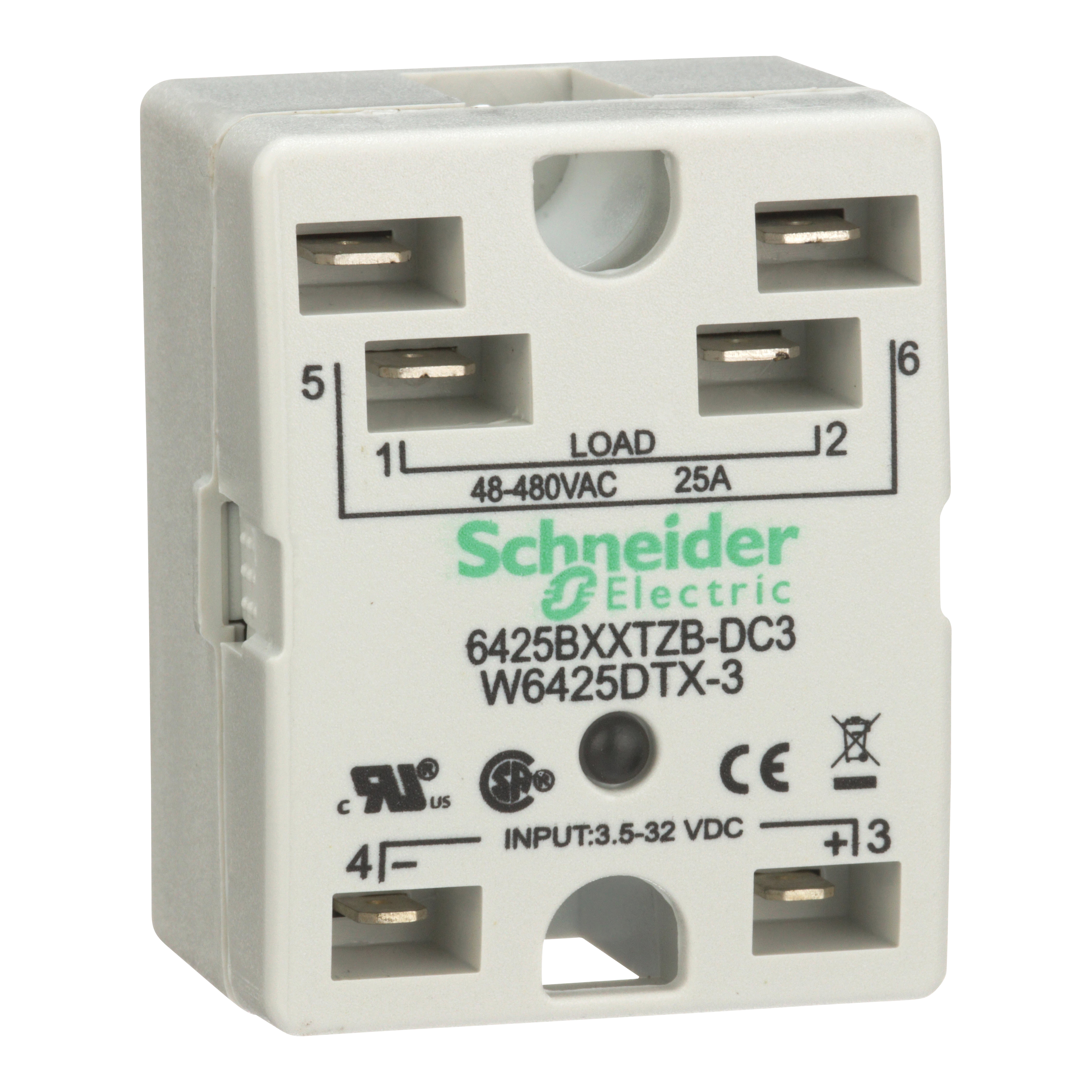 Relay, SE Relays, solid state, DPST NO, 25A, 48V to 530V AC, 3V to 32V DC Uc, triac AC zero cross, blade terminal