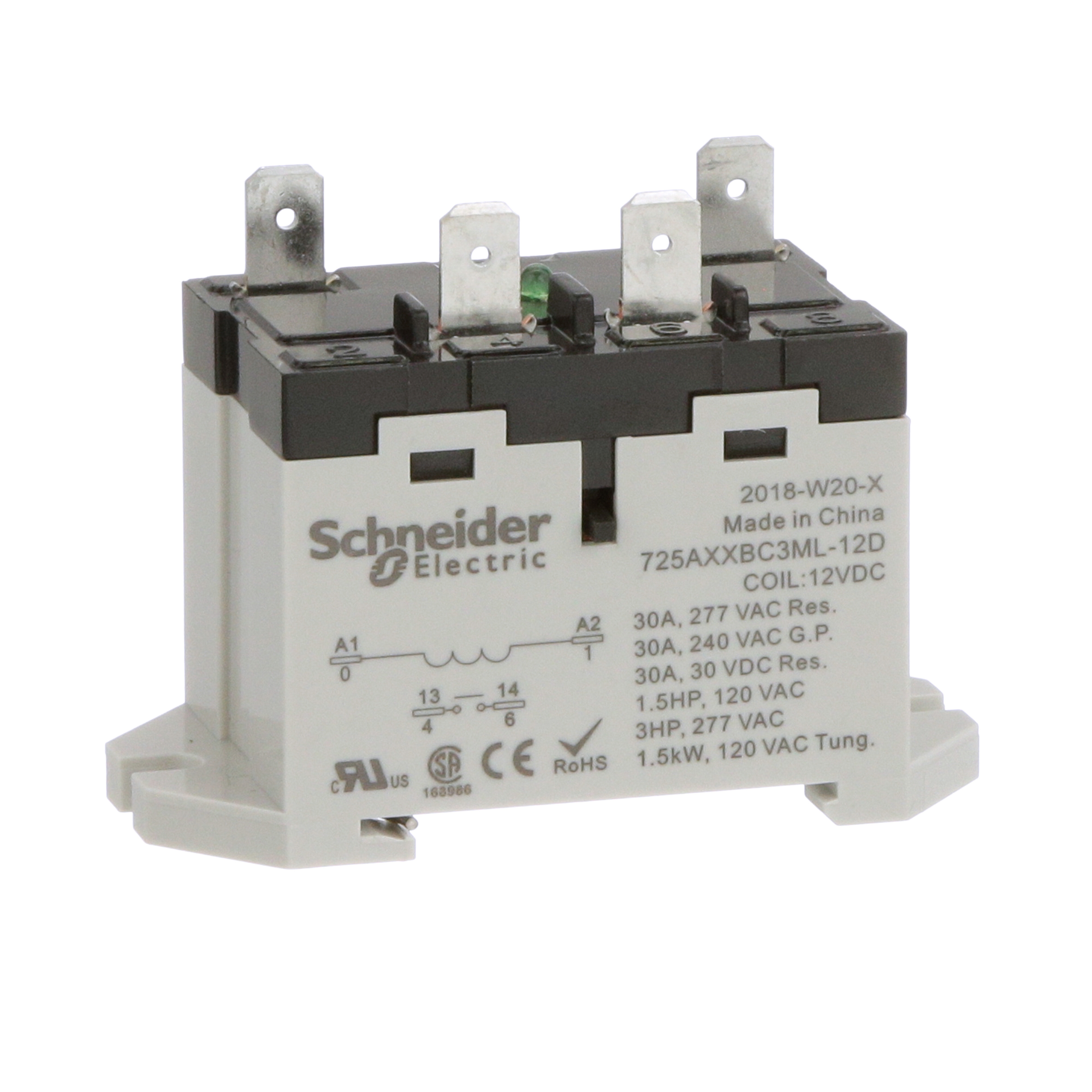 Power relay, SE Relays, 30A, 1NO, 12VDC, LED push button, blade terminals, DIN or panel mount