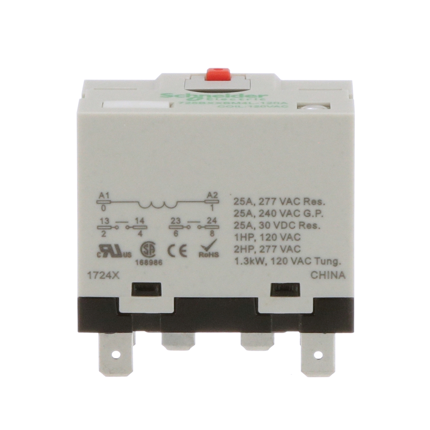 725BXXBM4L120A Power relay, SE Relays, 25A, 2NO, 120VAC, LED, flag indicator, locking push
