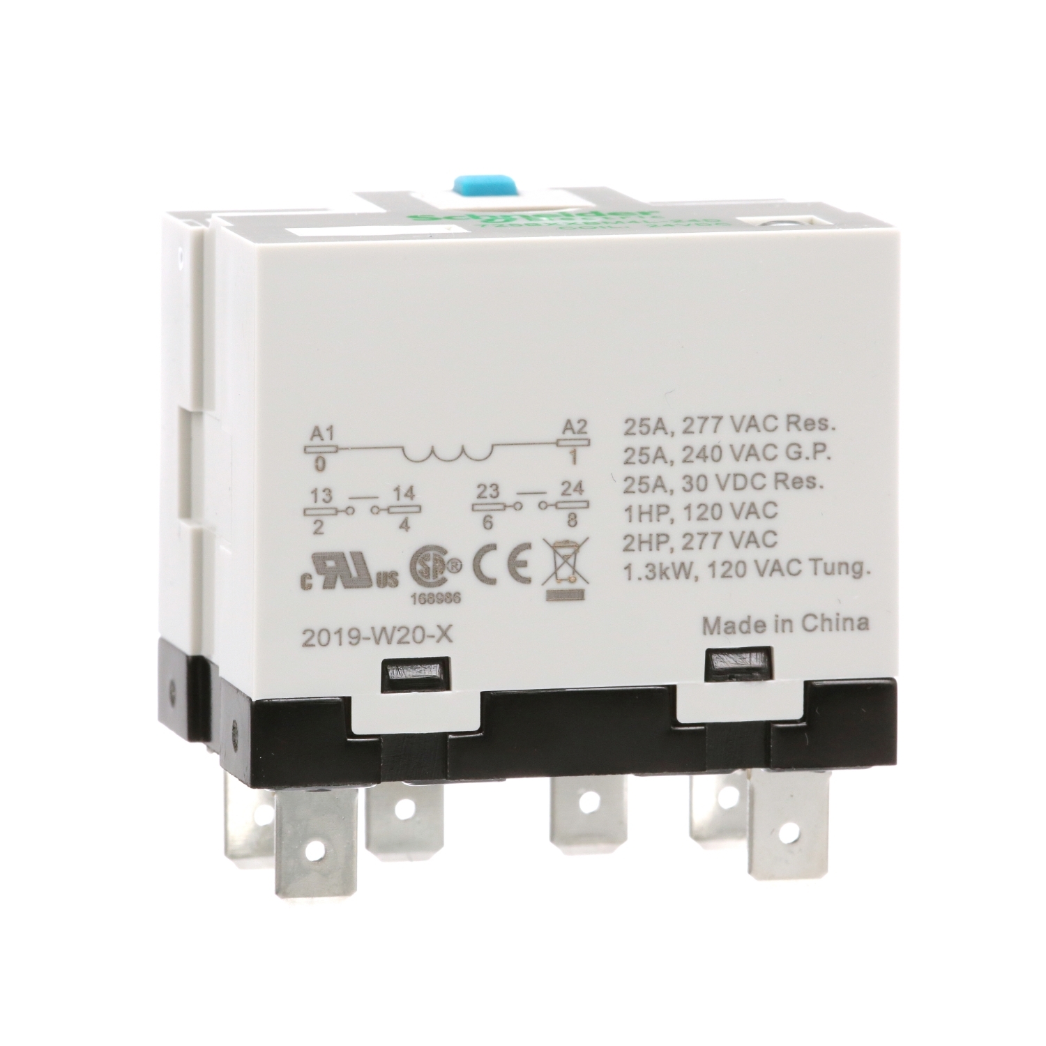 Power relay, SE Relays, 25A, 2NO, 24VDC, LED, flag indicator, locking push button, blade terminal, plug-in socket mount