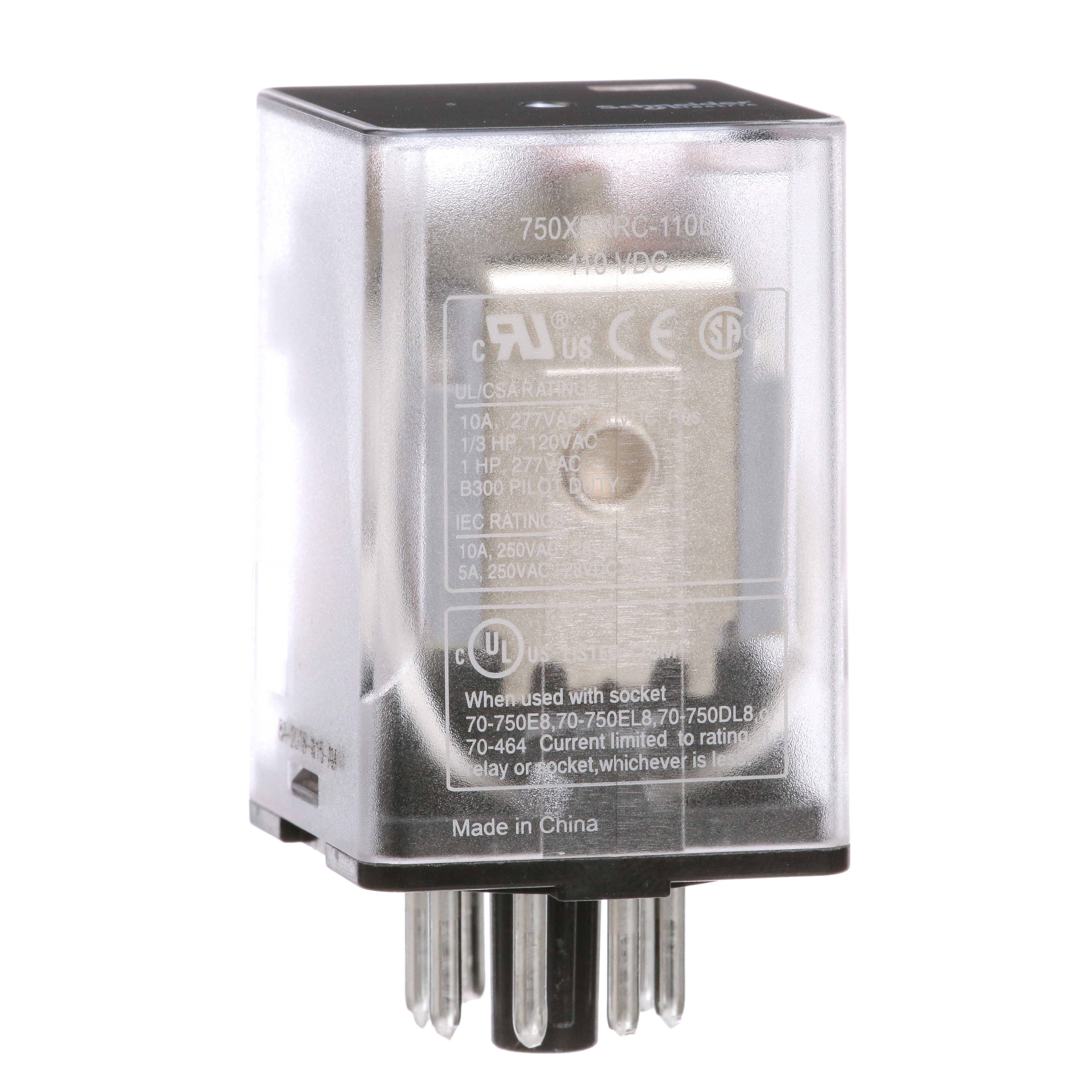 General purpose relay, SE Relays, 750R, DPDT, 10A, 110 VDC, octal terminal 8 pins, clear cover