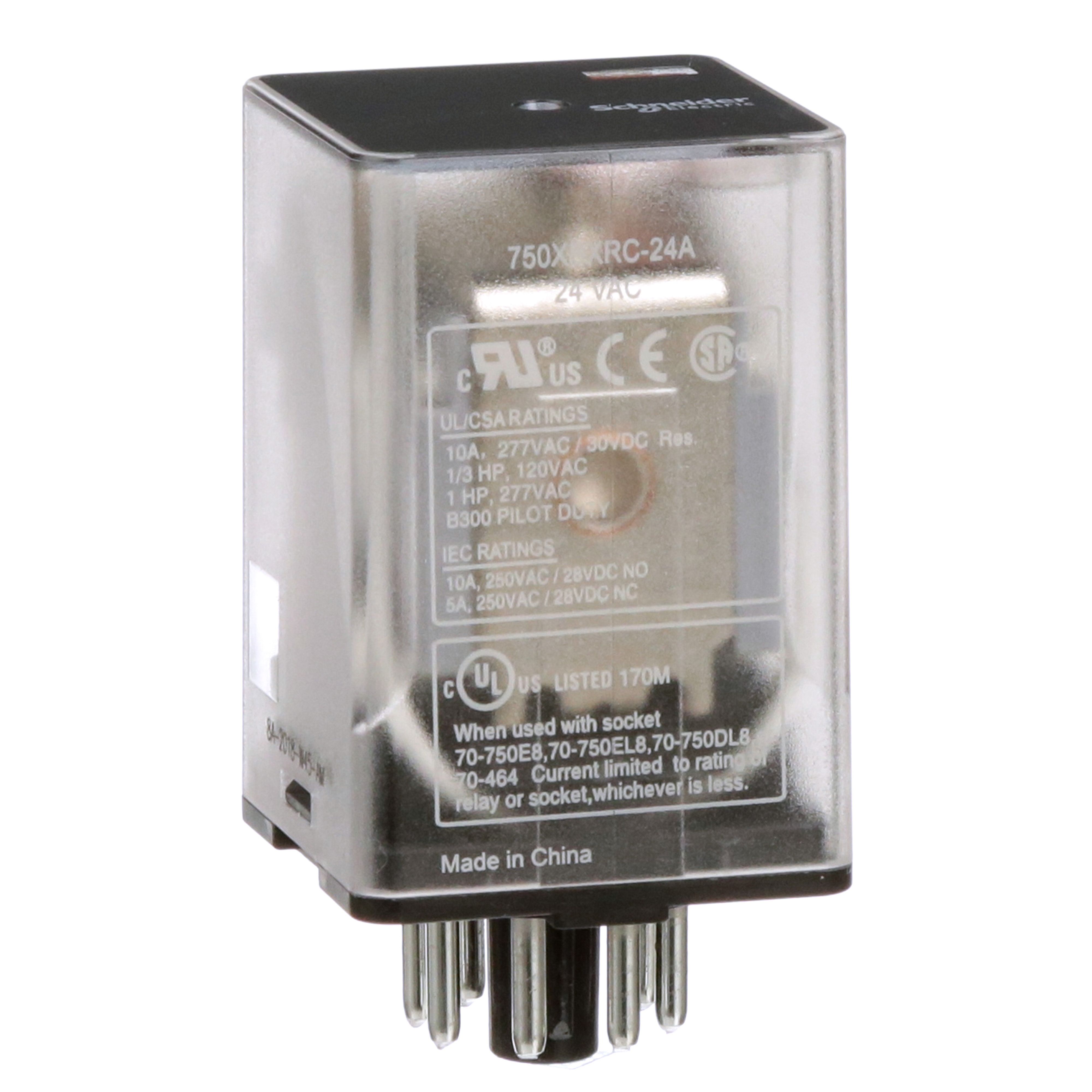 General purpose relay, SE Relays, 750R, DPDT, 10A, 24 VAC, octal terminal 8 pins, clear cover