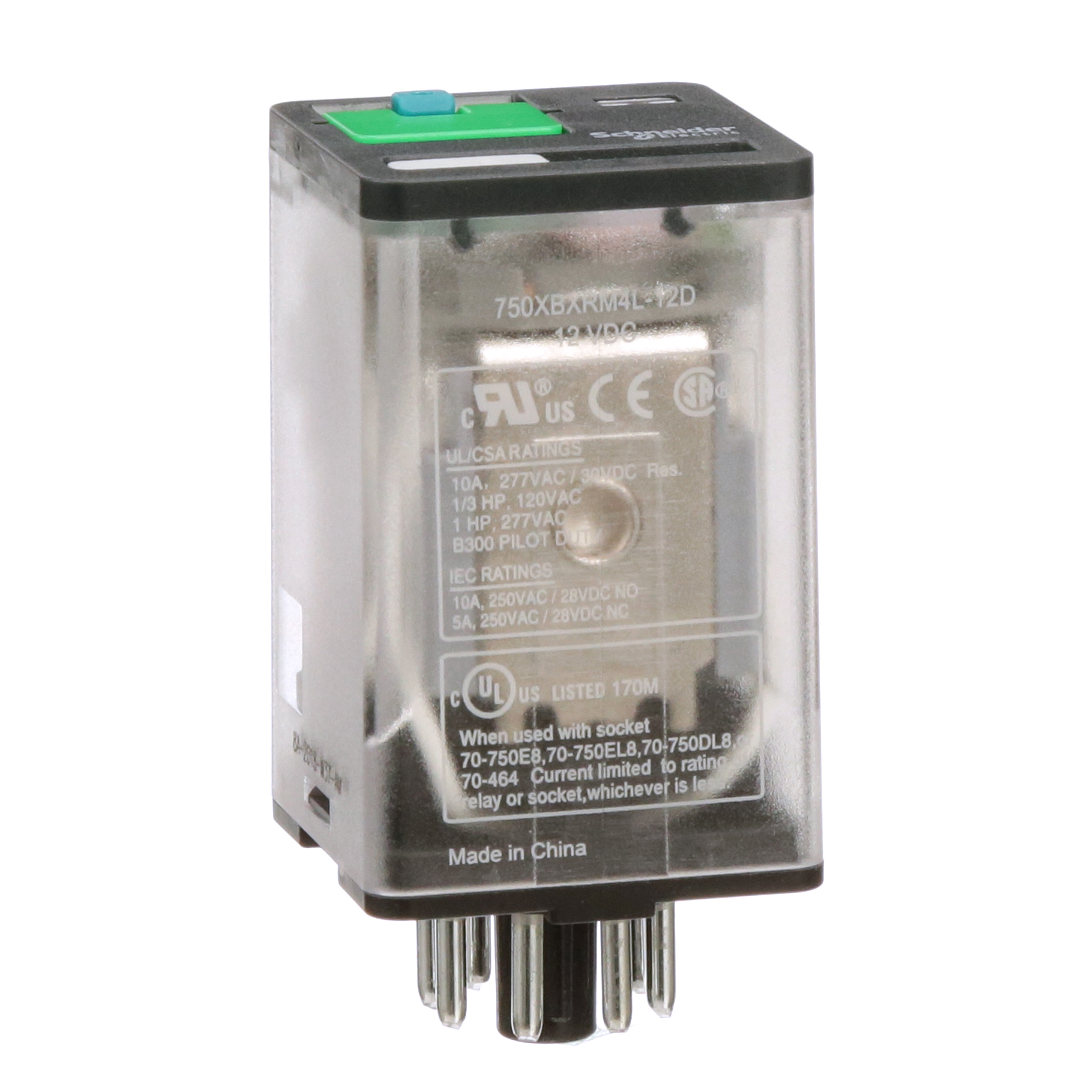 General purpose relay, SE Relays, 750R, DPDT, 10A, 12 VDC, octal terminal 8 pins, clear cover with LED, lock push button