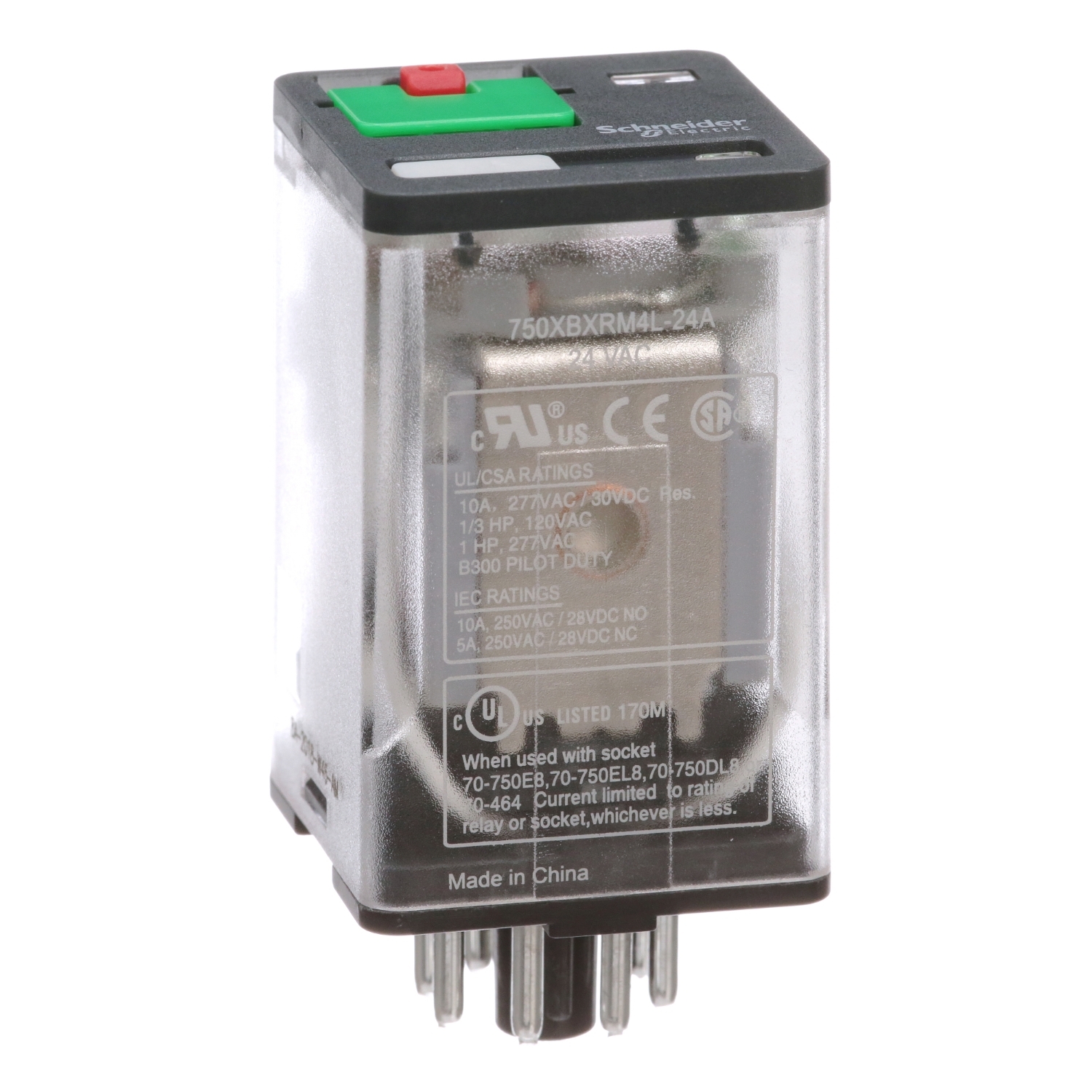 General purpose relay, SE Relays, 750R, DPDT, 10A, 24 VAC, octal terminal 8 pins, clear cover with LED, lock push button