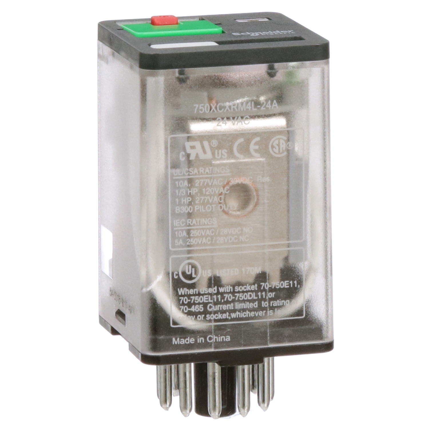 General purpose relay, SE Relays, 750R, 3PDT, 10A, 24VAC, octal terminal 11 pins, LED clear cover, lock push button