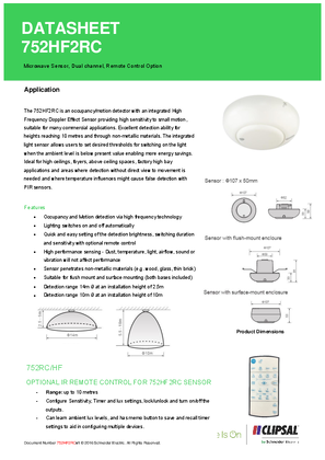 Technical Data Sheet for 752HF2RC Microwave Sensor