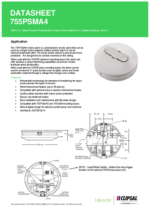 Technical Data Sheet for 755PSMA4 Smoke Alarm