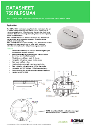 Technical Data Sheet for 755RLPSMA4 Smoke Alarm