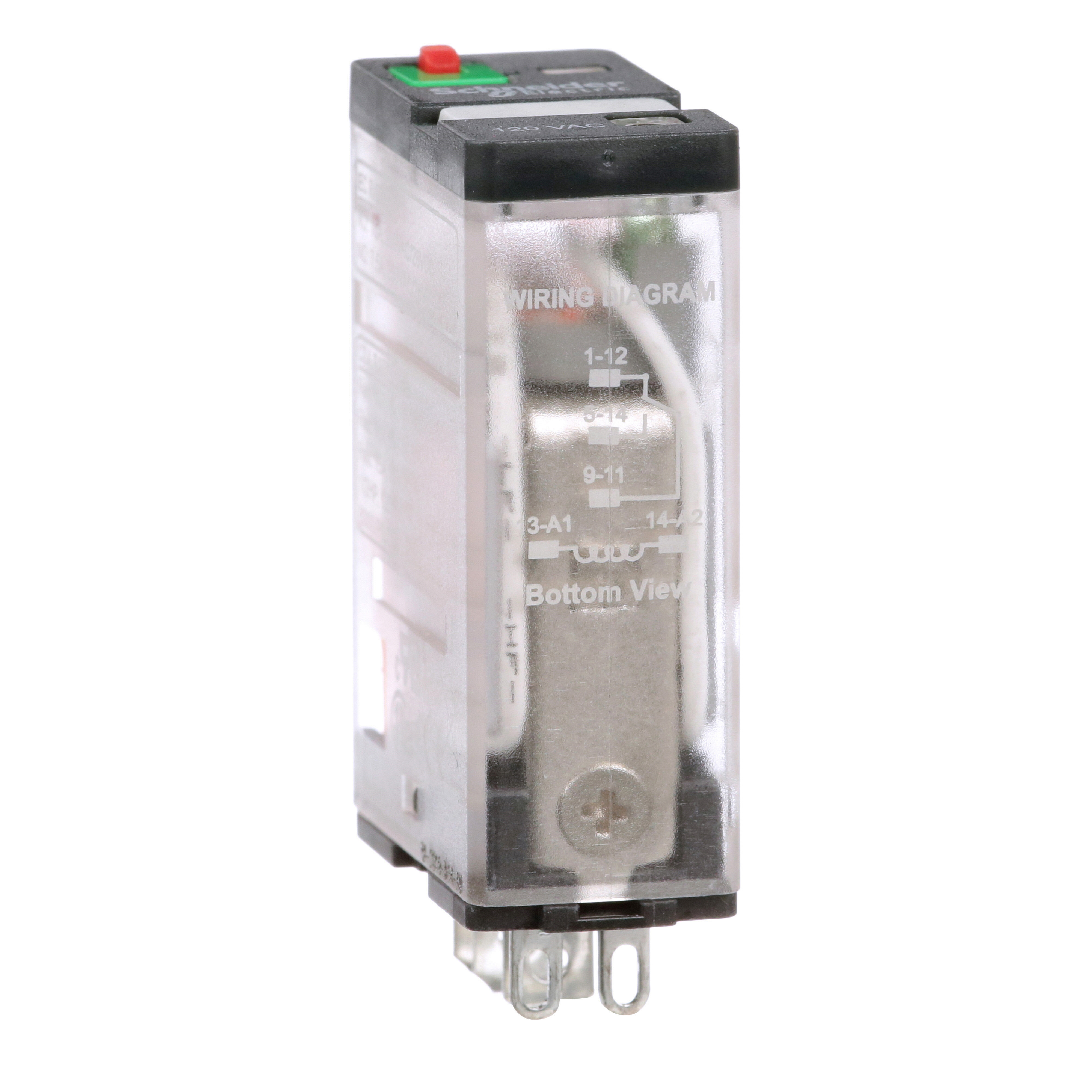 Power Relay, General Purpose Relays, SPDT, LED clear cover, lock push button, faston terminal, 15A, 120V AC, 1NO + 1NC