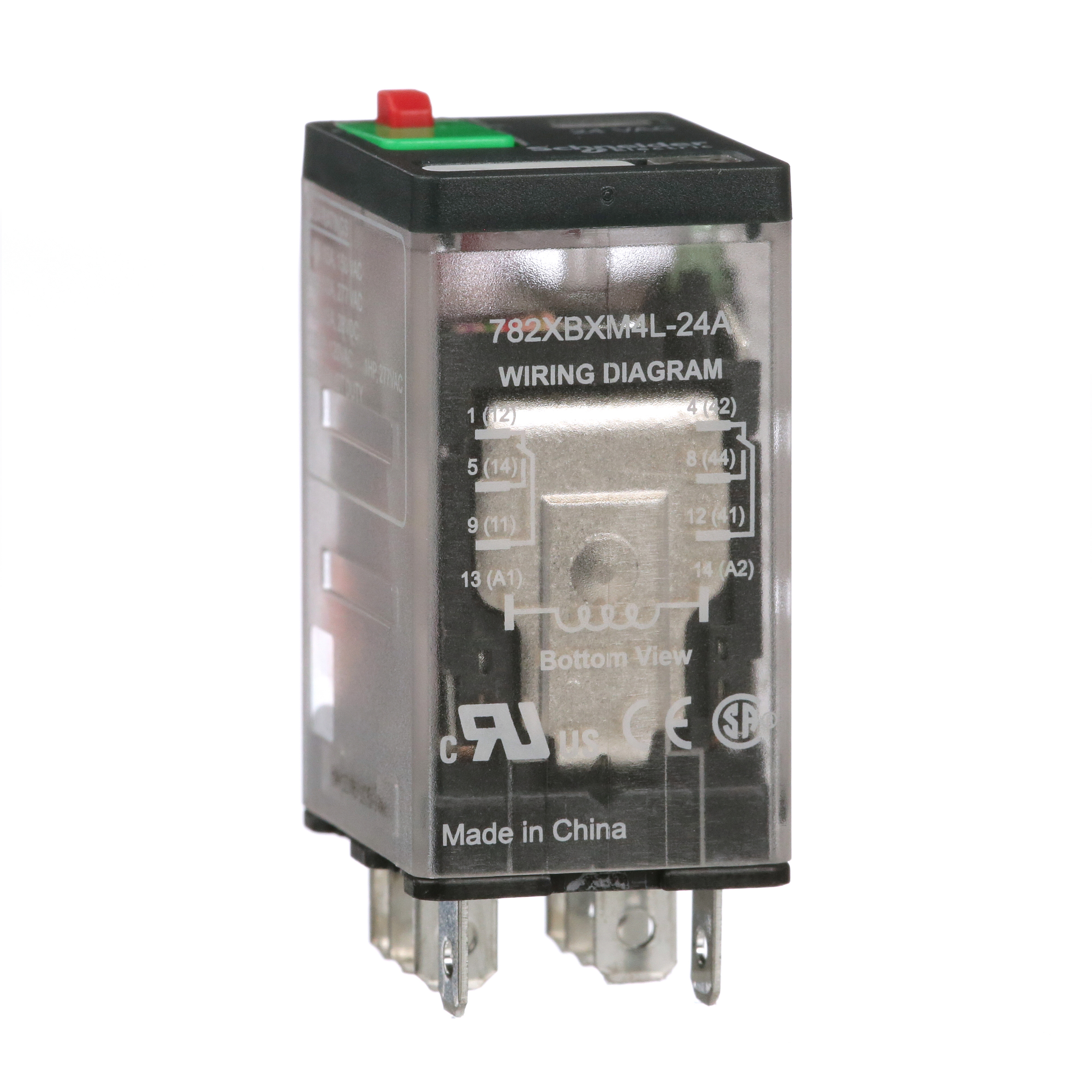 Power Relay, General Purpose Relays, DPDT, LED clear cover, lock push button, faston terminals, 15A, 12V DC, 2NO + 2NC