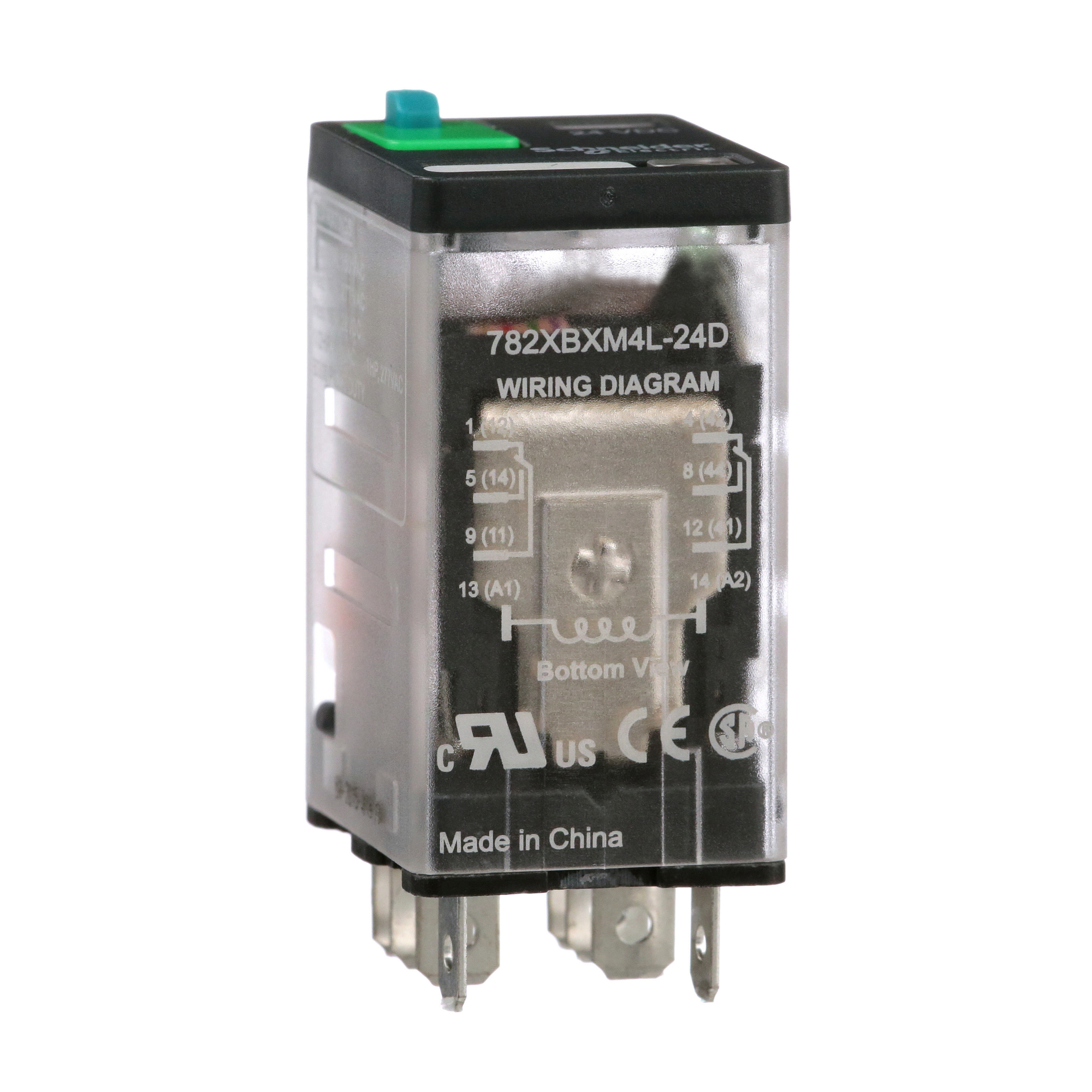 Power Relay, General Purpose Relays, DPDT, LED clear cover, lock push button, faston terminals, 15A, 24V DC, 2NO + 2NC