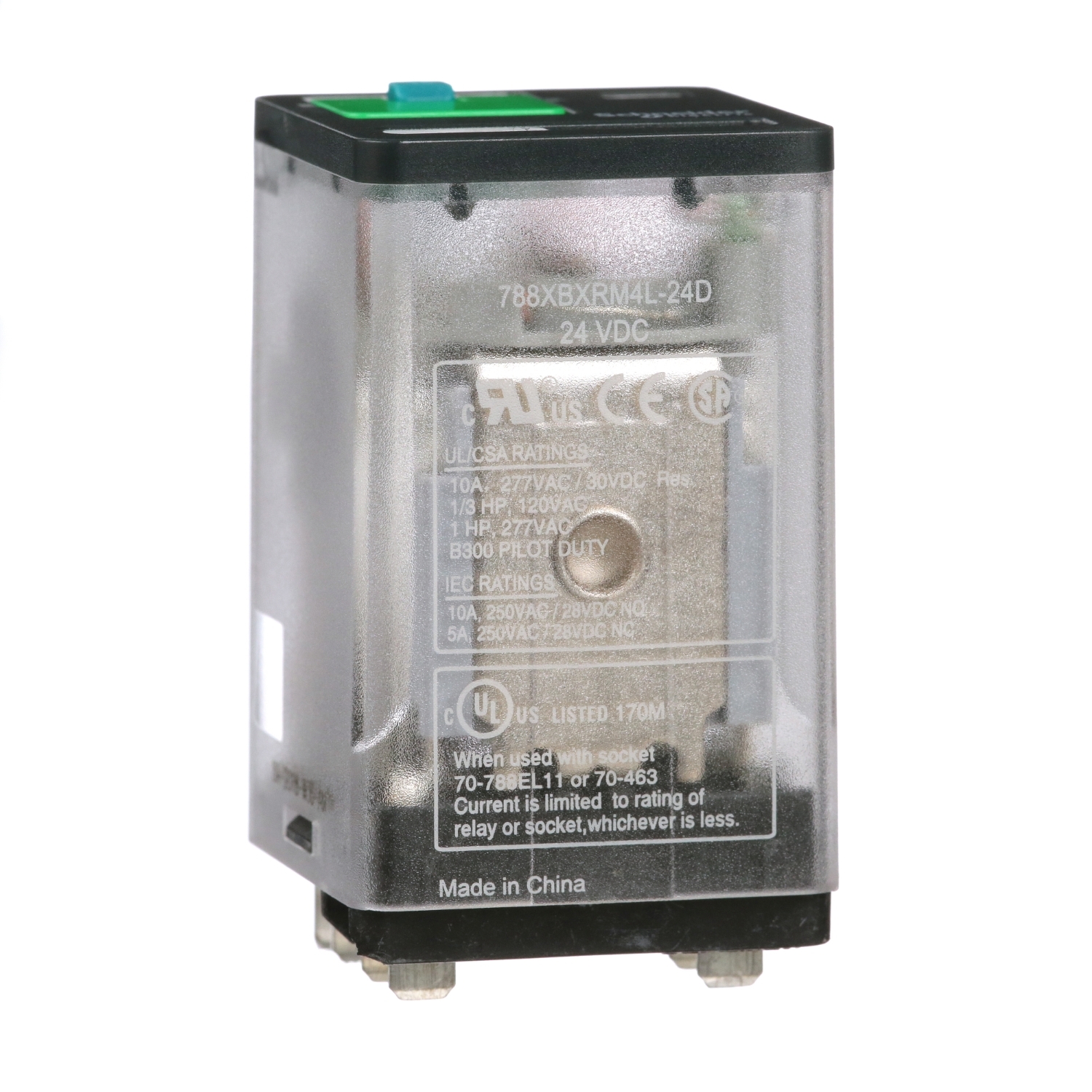 General purpose relay, SE Relays, 788R, DPDT, 10A, 24 VDC, Quick terminal, clear cover with LED, lock push button
