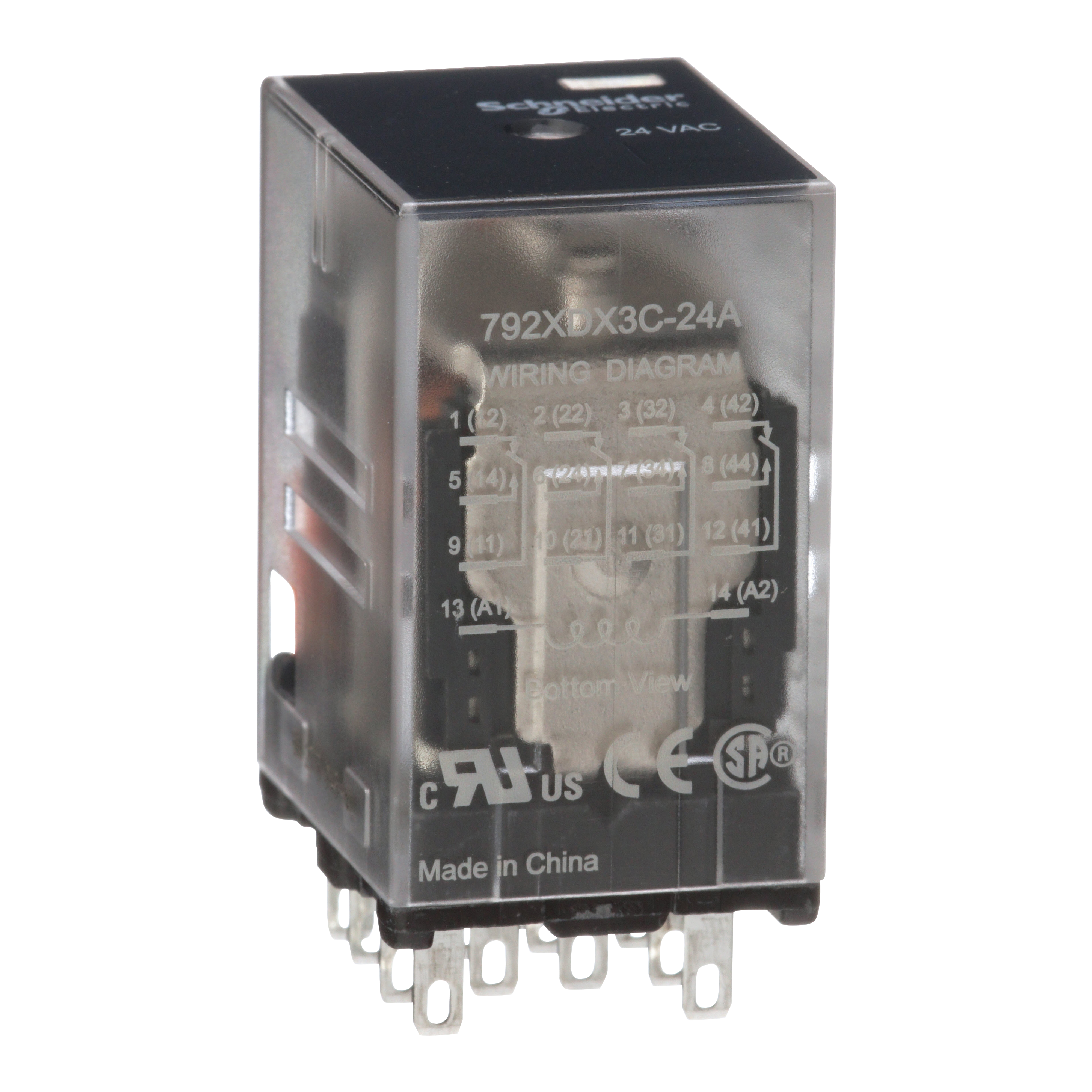 Power relay, SE Relays, 4PDT, 3A, 24 VAC, low level bifurcated contacts, clear cover