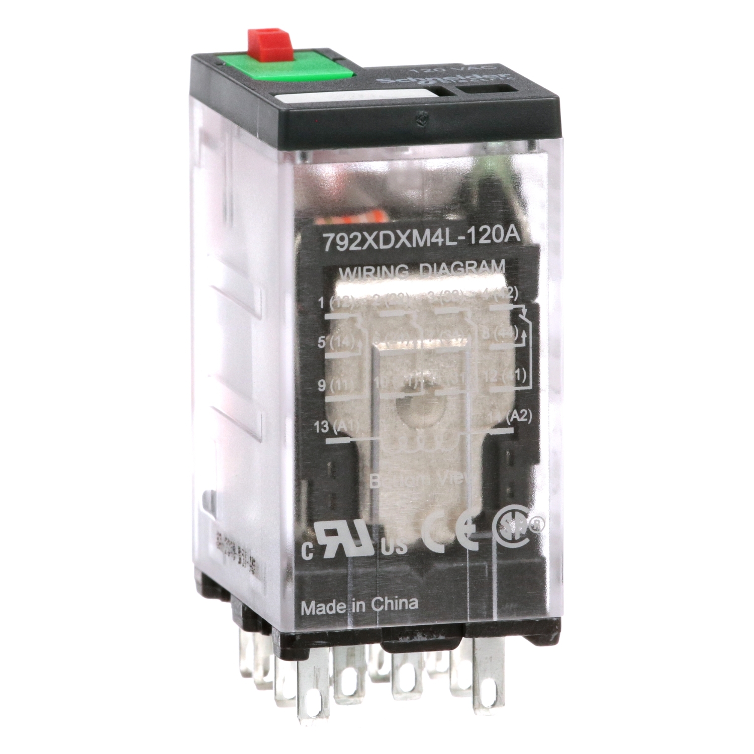 Relay, General Purpose Relays, 4PDT, LED clear cover, lock push button, faston terminals, 6A, 120V AC, 4NC + 4NO