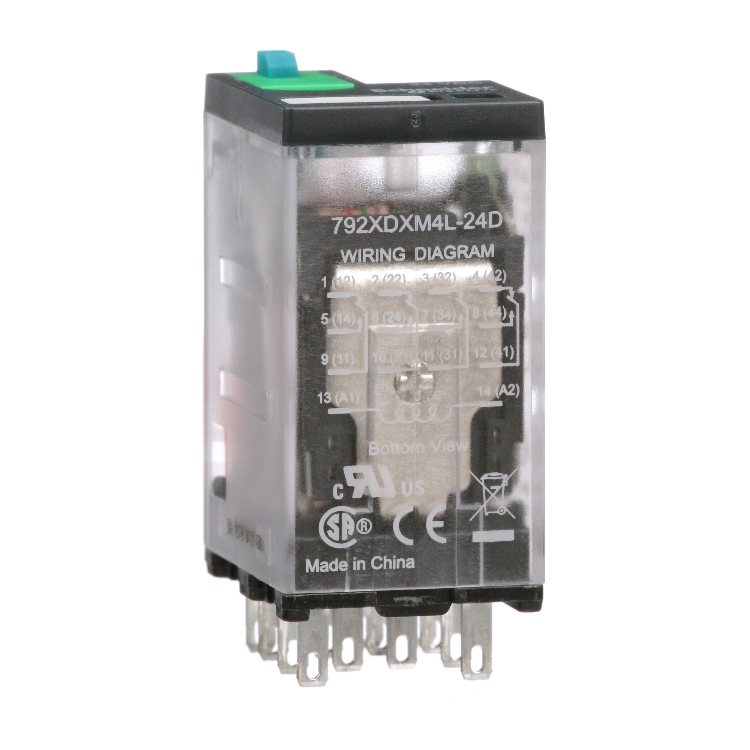 Relay, General Purpose Relays, 4PDT, LED clear cover, lock push button, faston terminals, 6A, 24V DC, 4NC + 4NO