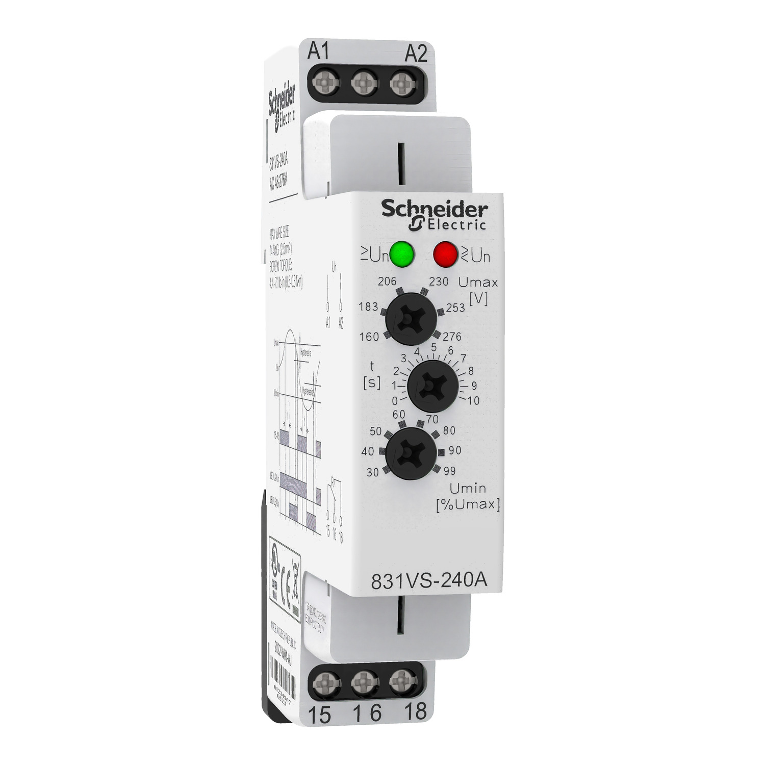 Voltage sensor relay, Legacy, SPDT, 15A, 240 VAC, 0 to 10s, 1 time scale, 48-276 VAC, DIN mounting