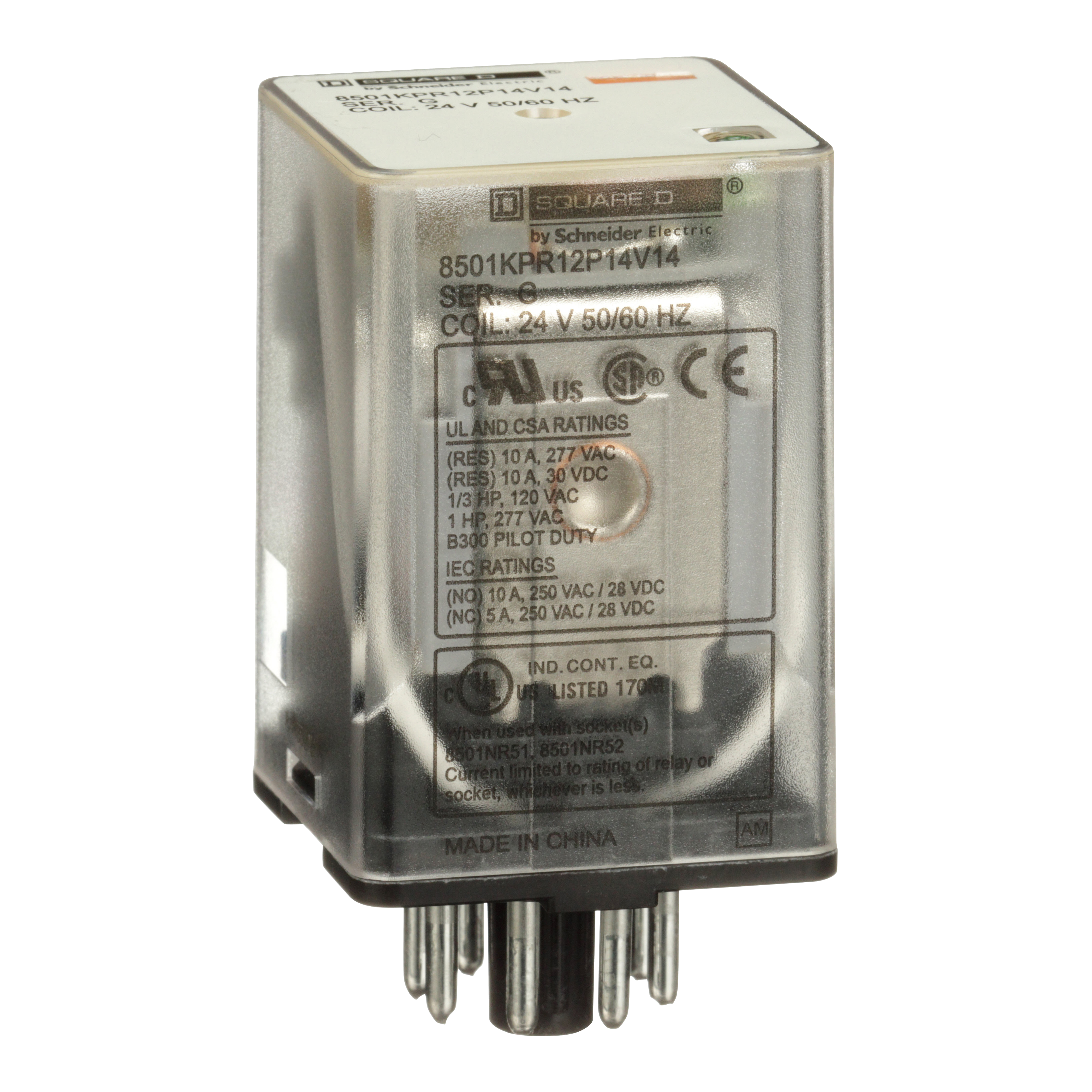 Plug in relay, Type KP, tubular, 1 HP at 277 VAC, 10A resistive at 120 VAC, DPDT, 2 NO, 2 NC, 24 VAC coil, pilot light