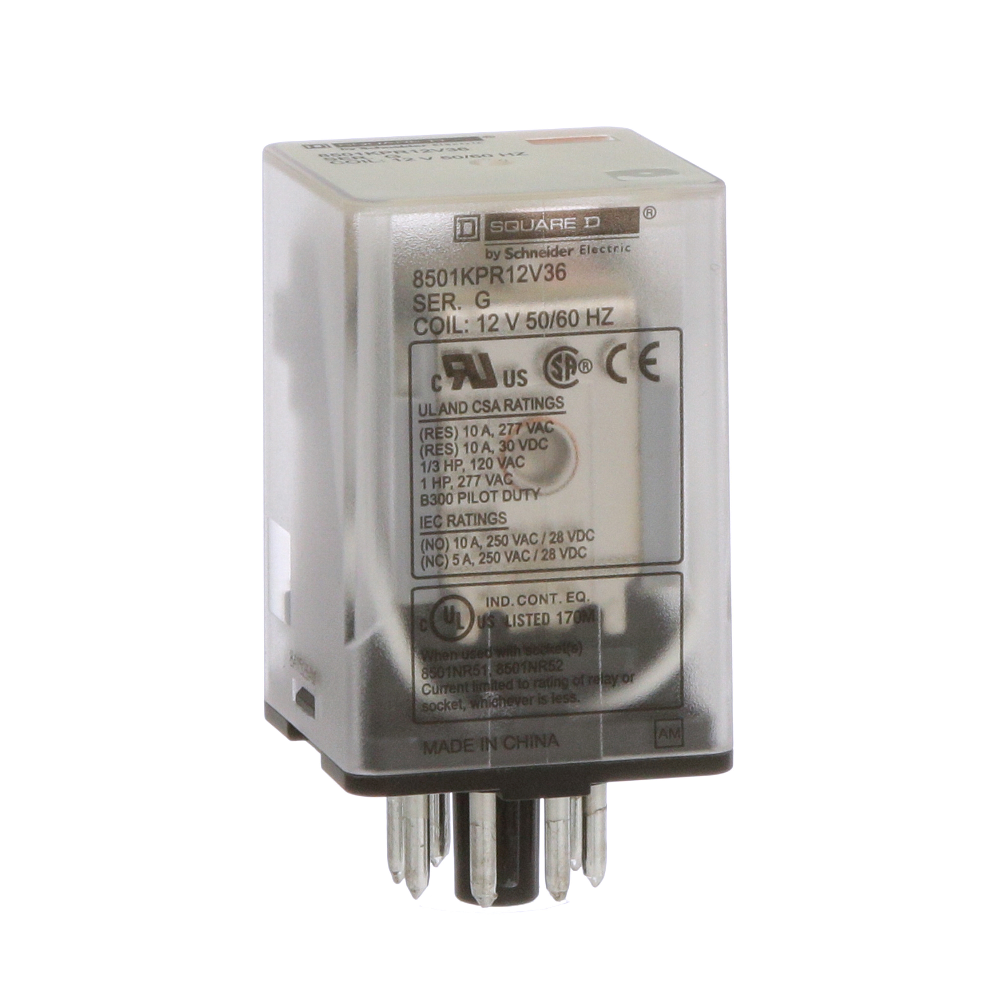 Plug in relay, Type KP, tubular, 1 HP at 277 VAC, 10A resistive at 120 VAC, 8 pin, DPDT, 2 NO, 2 NC, 12 VAC coil