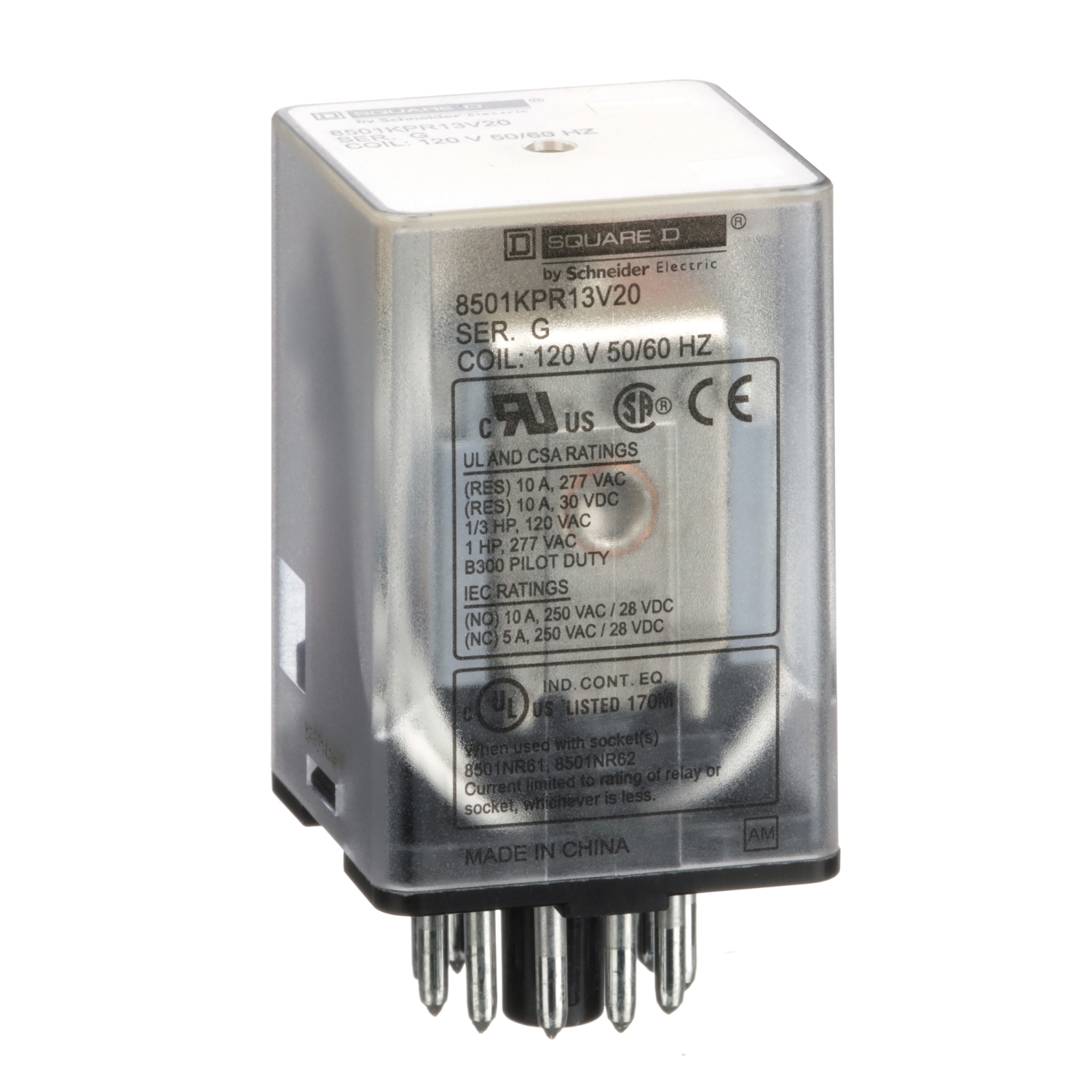 Plug in relay, Type KP, tubular, 1 HP at 277 VAC, 10A resistive at 120 VAC, 11 pin, 3PDT, 3 NO, 3 NC, 120 VAC coil