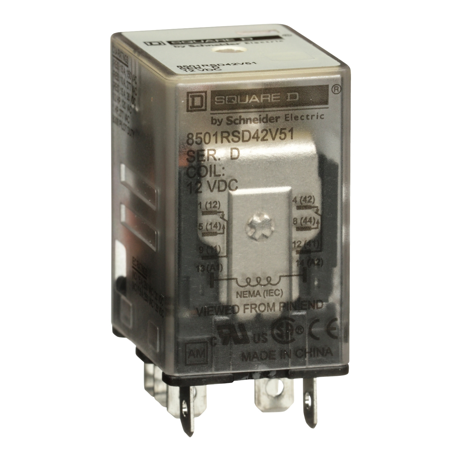 Plug in relay, Type R, miniature, 1 HP at 277 VAC, 15A resistive at 120 VAC, 8 blade, DPDT, 2 NO, 2 NC, 12 VDC coil