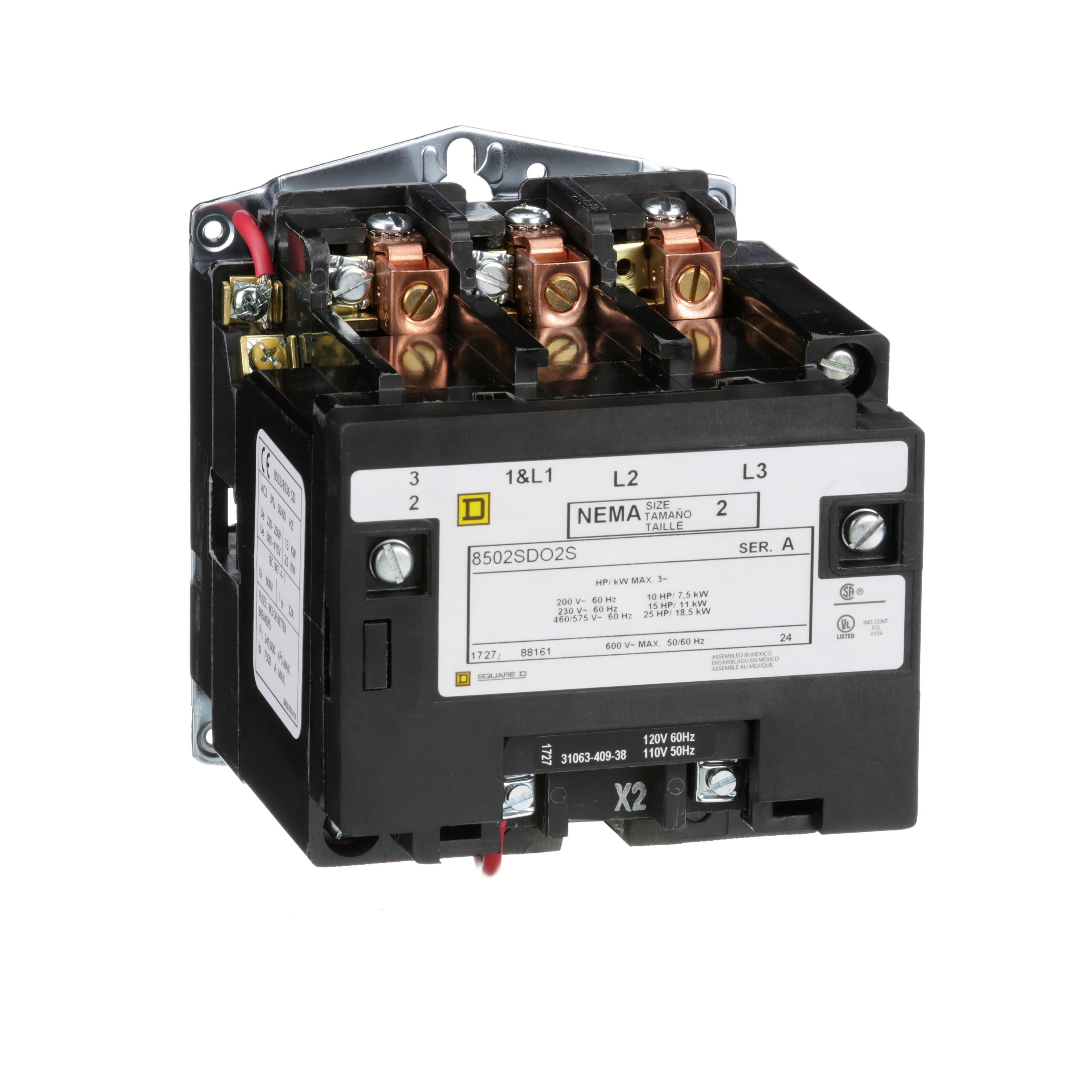 Square D,NEMA Contactor, Type S, nonreversing, Size 2, 45A, 25 HP at 575  VAC, 3 phase, up to 100 kA, 3 pole, 240 VAC coil, open,8502SDO2V03