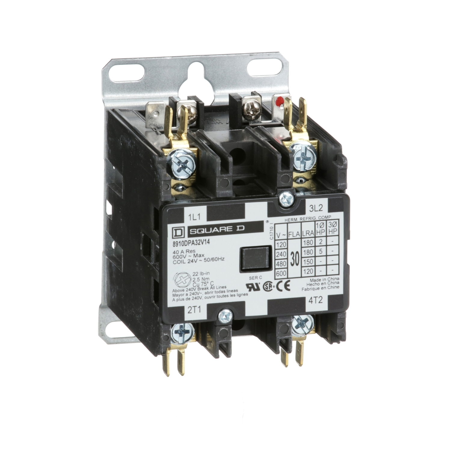 Contactor, Definite Purpose, 30A, 2 pole, 5HP at 230VAC, 1 phase, 24VAC coil at 50/60Hz, open