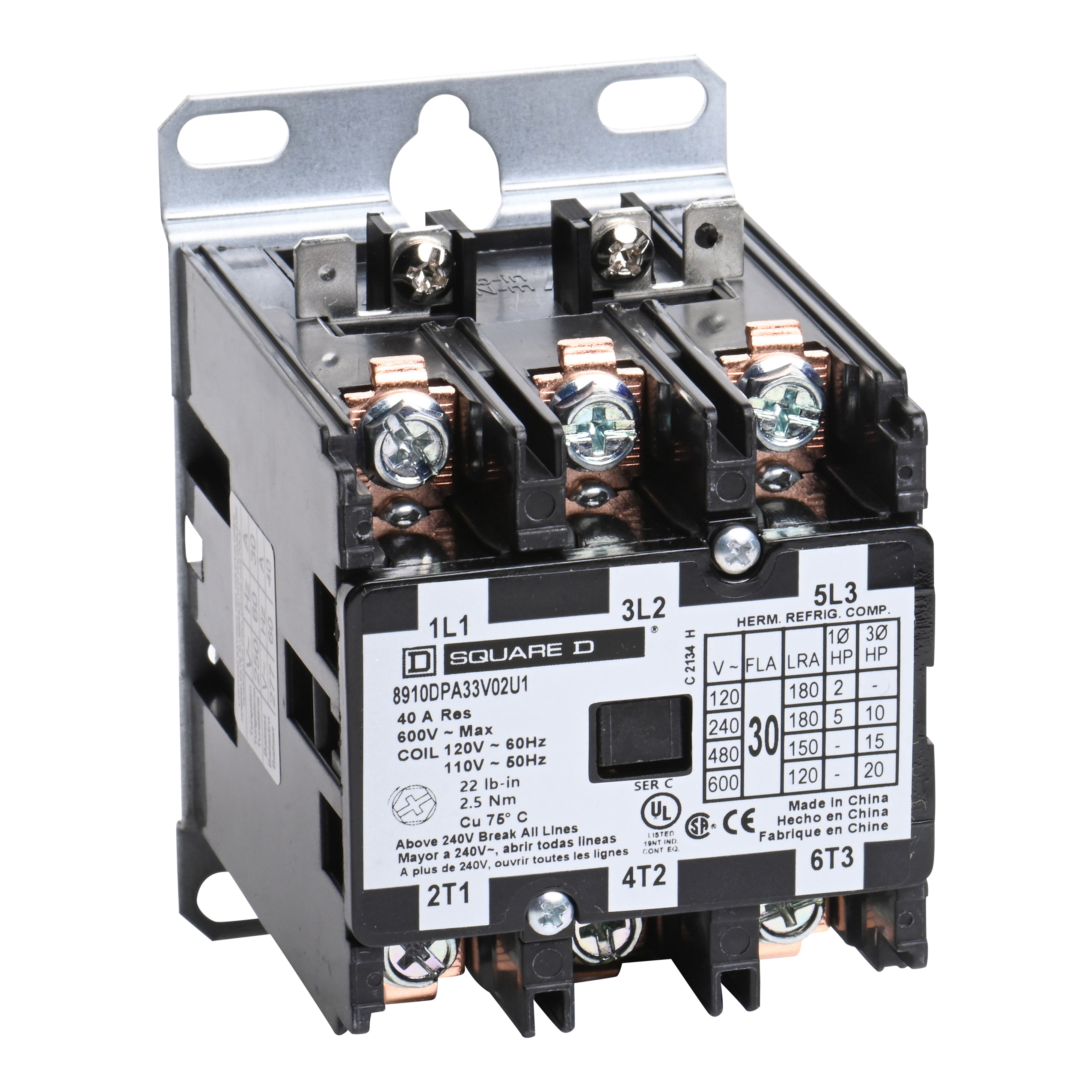 Contactor, Definite Purpose, 30A, 3 pole, 20HP at 575VAC, 3 phase, 110/120VAC 50/60Hz coil, open, UL Listed