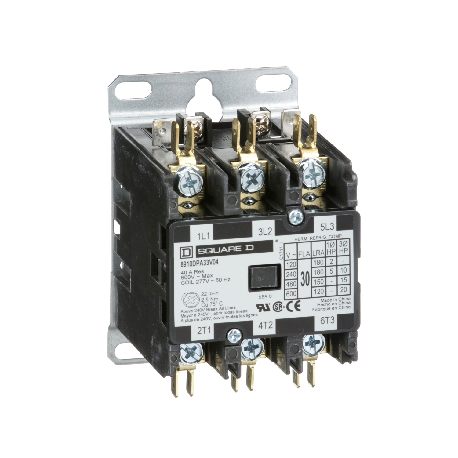 Contactor, Definite Purpose, 30A, 3 pole, 20HP at 575VAC, 3 phase, 277VAC 60Hz coil, open