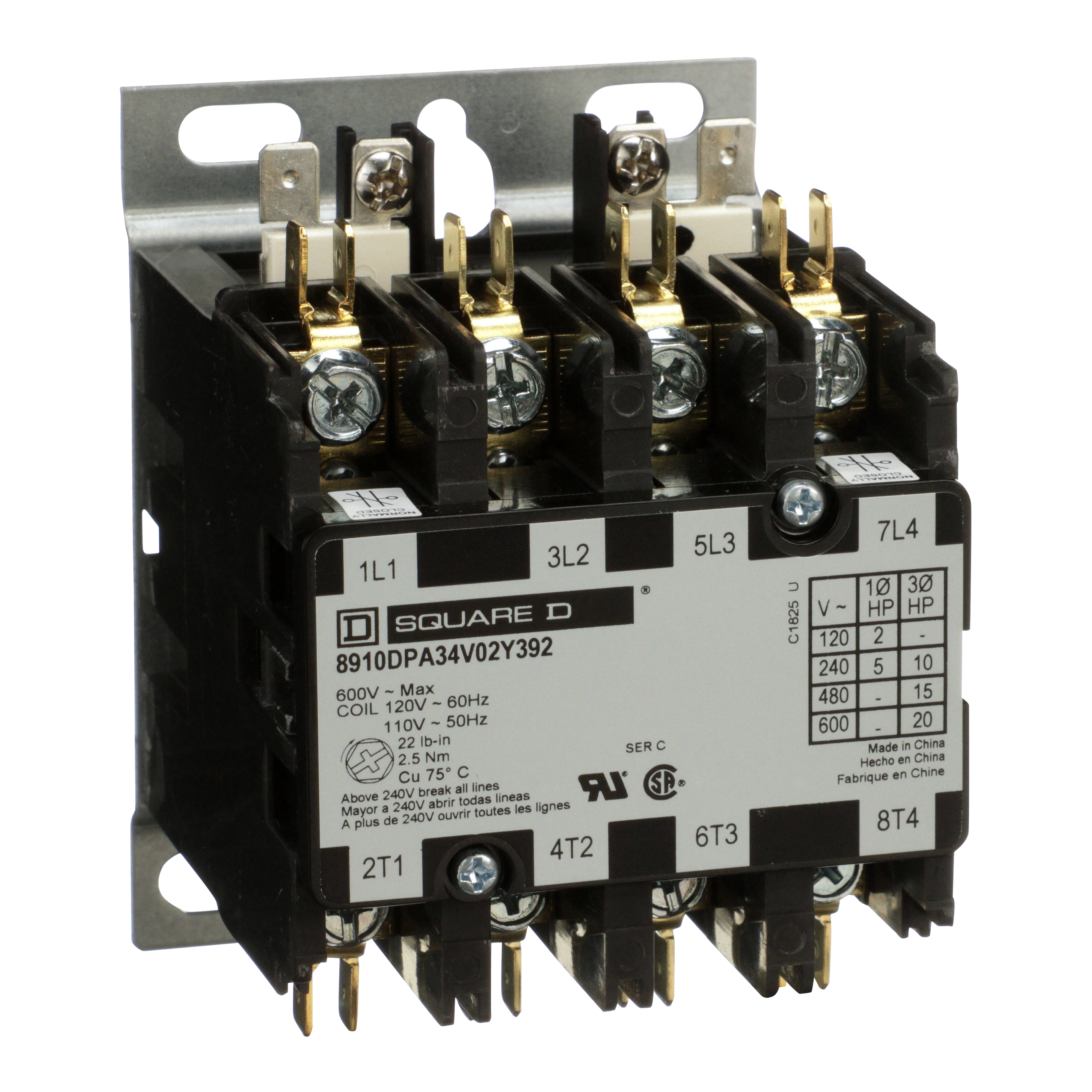 Contactor, Definite Purpose, 30A, 4 pole, 20HP at 575VAC, 3 phase, 110/120VAC 50/60Hz coil, open, 2 NC power poles