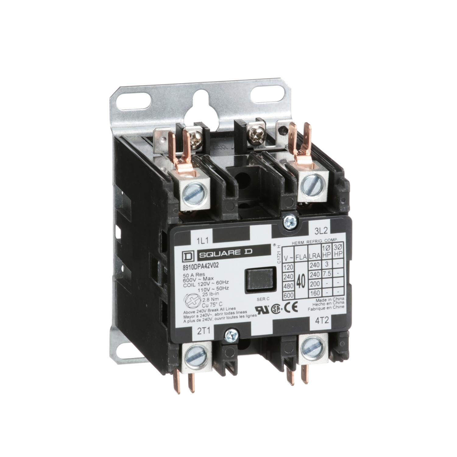 Contactor, Definite Purpose, 40A, 2 pole, 7.5HP at 230VAC, 1 phase, 110/120VAC 50/60Hz coil, open